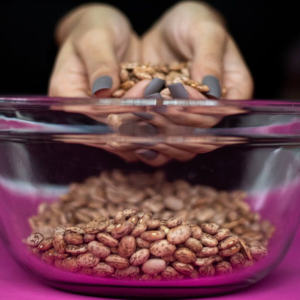 hands picking up dried pinto beans out of bowl