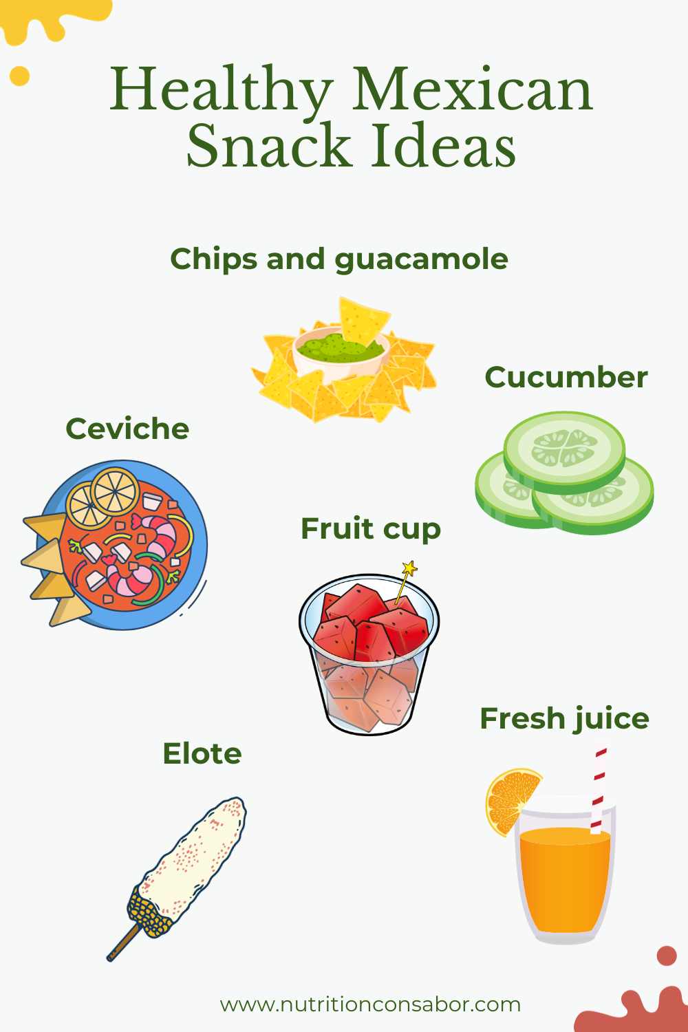 Illustration of healthy mexican snack ideas like chips with guacamole, fruit cups, cucumber, and more.