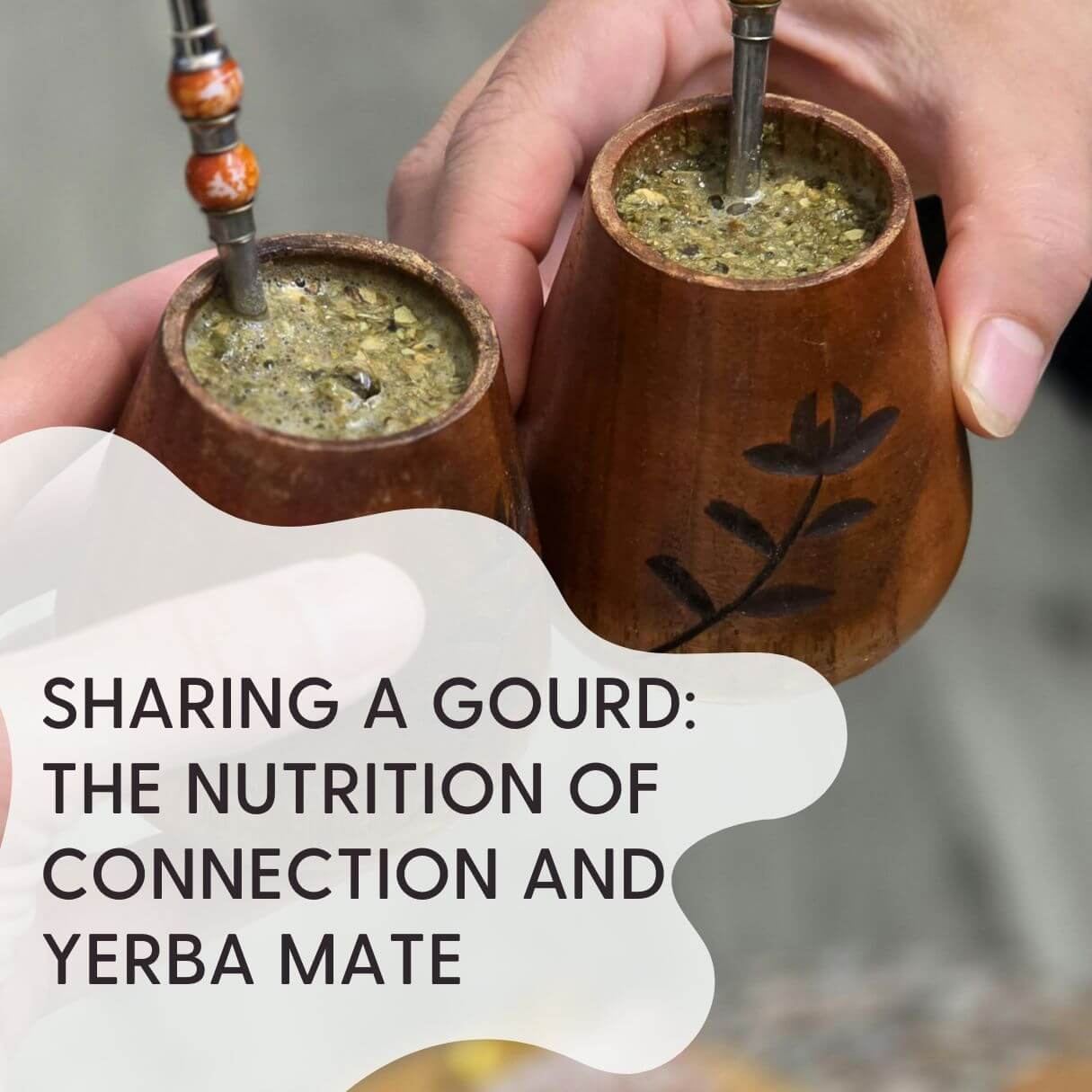 2 hands holding gourd of yerba mate. text reads "sharing a gourd: the nutrition of connection and yerba mate"